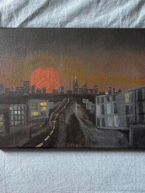Painting of the Blood Moon on recycled canvas